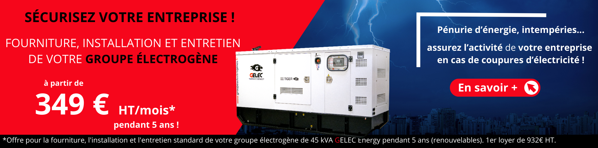 Fourniture, installation et maintenance de votre groupe électrogène Gelec à partir de 349€ par mois